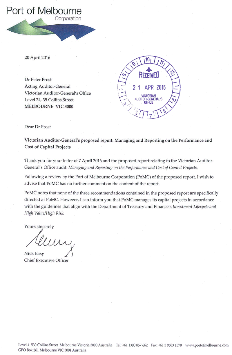 RESPONSE provided by the Chief
Executive Officer, Port of Melbourne Corporation