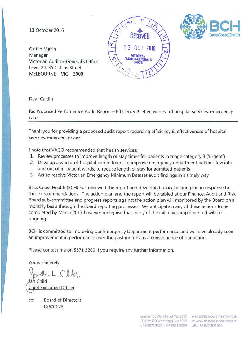 Response provided by the Chief Executive Officer, Bass Coast Health.