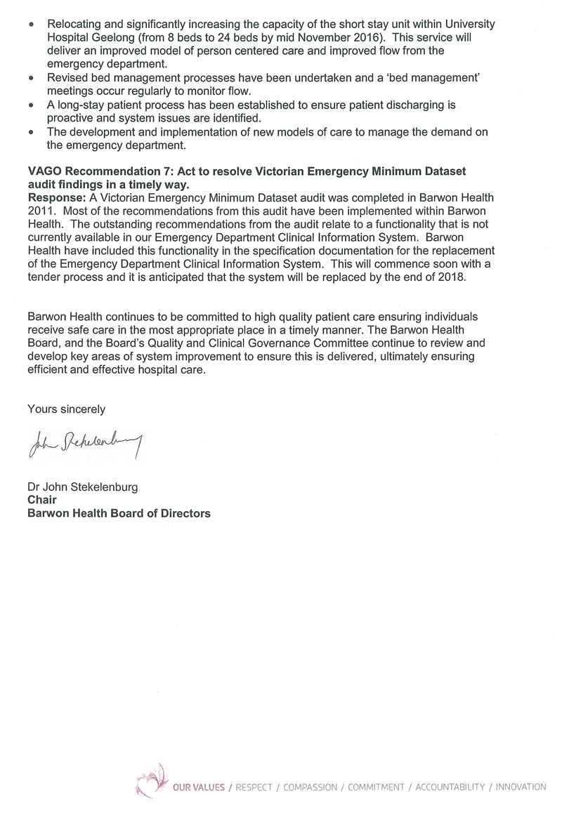 Response provided by the Chair, Barwon Health, page 2.