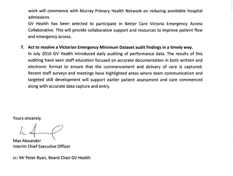 Response provided by the Interim Chief Executive Officer, GV Health, page 2.