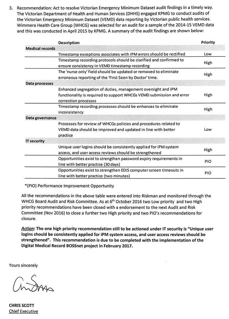 Response provided by the Chief Executive, Wimmera Health Care Group, page 3.