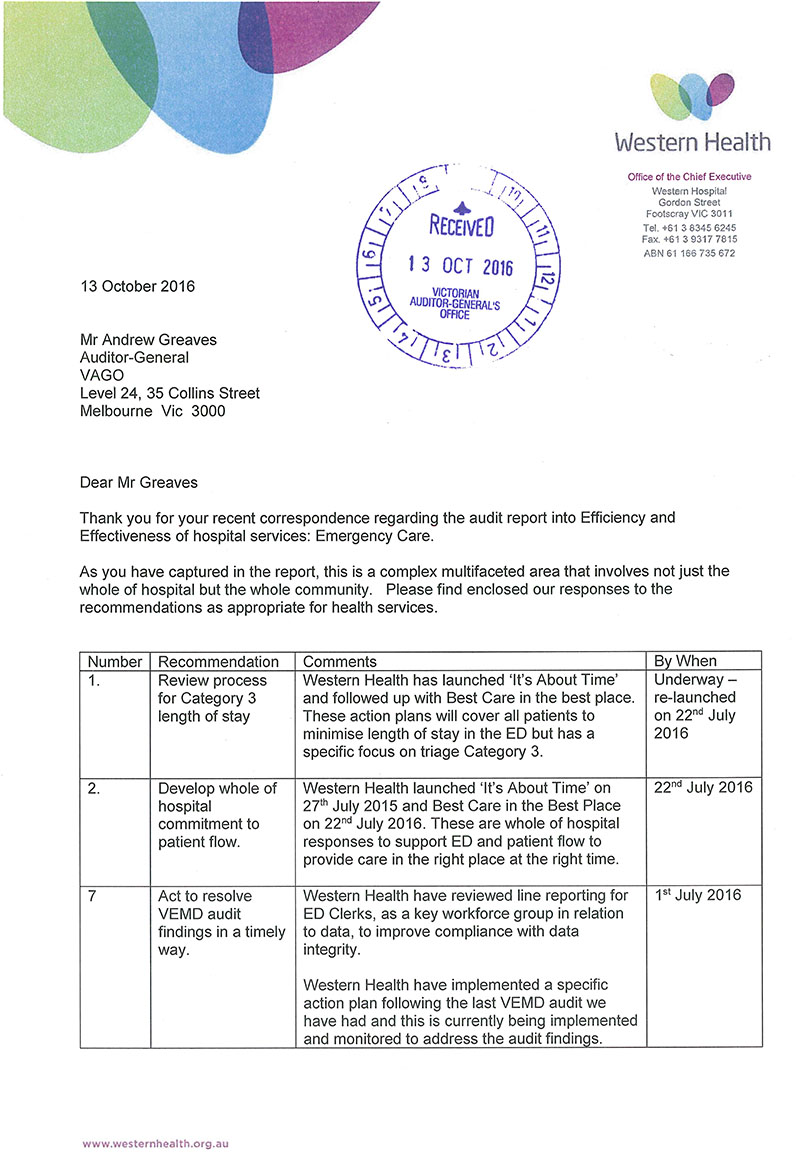 Response provided by the Chief Executive, Western Health, page 1.