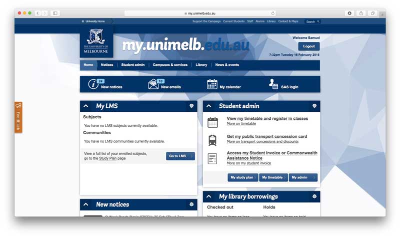 Screen shot of the ISIS Student Management System Project. Image authorised by the University of Melbourne.