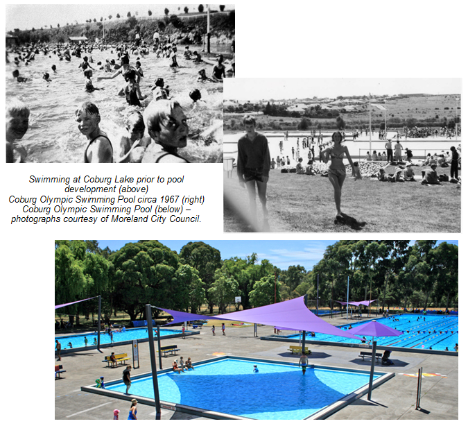 Top-left image is of people swimming at Coburg Lake prior to pool development, middle-right image is of the Coburg Olympic Swimming Pool circa 1967 and bottom-left image is of the current Coburg Olympic Swimming Pool