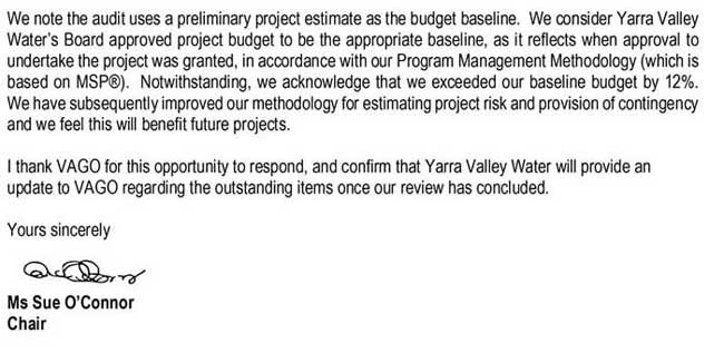 RESPONSE provided by the Chair, Yarra Valley Water