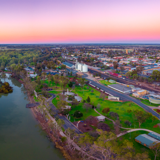 Aerial photo of Swan Hill, Victoria at sunrise.