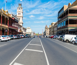 A streetscape of Lydiard Street in the colonial era town of Ballarat, whose wealth was financed by an 1860s gold rush. Photo courtesy of Nils Versemann/shutterstock.com