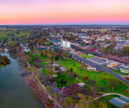 Aerial photo of Swan Hill, Victoria at sunrise.